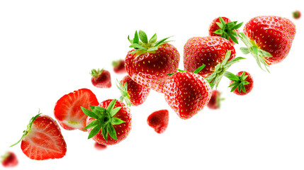 Excellently retouched strawberries, whole and halves, fly in space forming the shape of a chain. Surround light from behind. Isolated on white