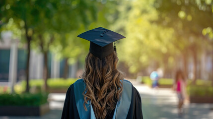 Rear view of young student wearing graduation gown with graduation cap on her commencement day