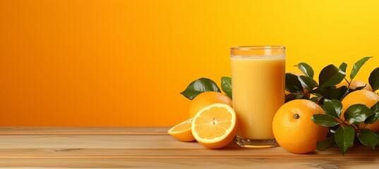 Vibrant orange juice in glass on wooden table, against soft orange background with text space - obrazy, fototapety, plakaty