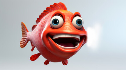 Red fish with a cheerful face 3D on a white background. - obrazy, fototapety, plakaty