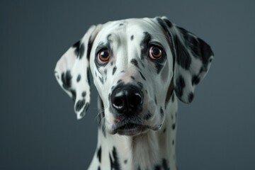 A close-up view of a Dalmatian dog's face. This image can be used to depict the unique and striking features of the Dalmatian breed