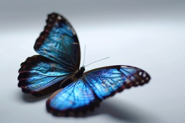A beautiful blue butterfly perched on a pristine white surface. Perfect for nature lovers and those seeking a touch of elegance in their designs