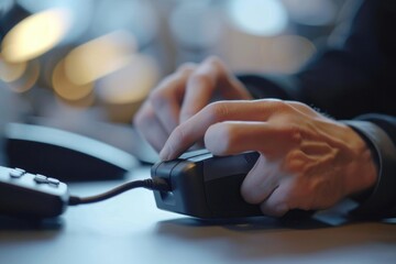 A close-up view of a person using a mouse. This image can be used to illustrate computer usage or technology concepts - obrazy, fototapety, plakaty