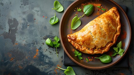 A freshly baked, golden brown calzone on a rustic plate