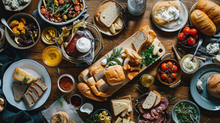 The table top view of different types of food spread on table