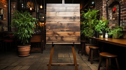 White blank poster on a wooden stand in the office with plants, copy space, Generative AI