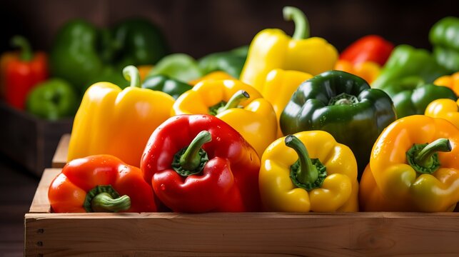 Assorted bell peppers in rustic wooden crate under natural daylight, canon 6d, aperture f8