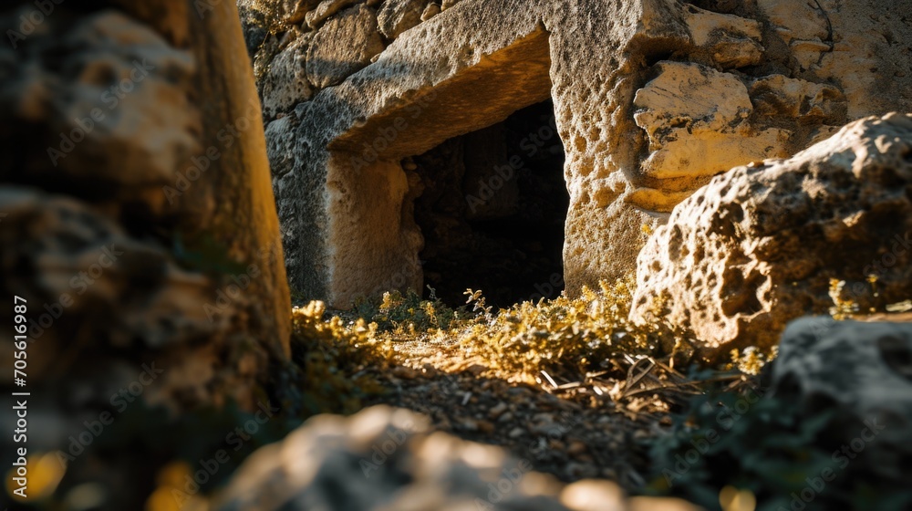 Poster a cave nestled in the middle of a rocky area. perfect for adventure and exploration themes