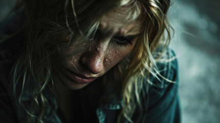A blonde woman is sad, her face is covered with tears and makeup dirty