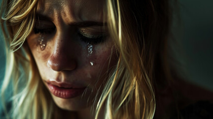 Fototapeta premium A blonde woman is sad, her face is covered with tears and makeup dirty