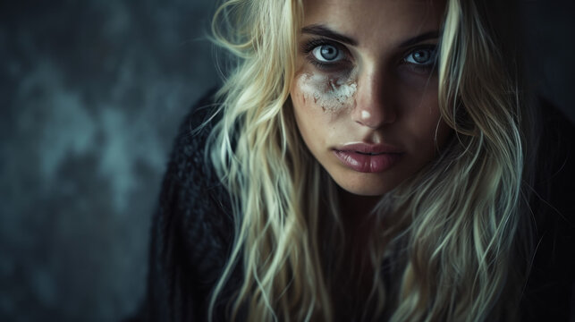 A blonde woman is sad, her face is covered with tears and makeup dirty