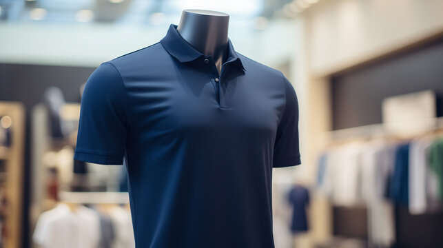 mannequin in a boutique, Dark blue polo shirt worn on a mannequin in a minimalist style, with a clothing store background, Ai generated image