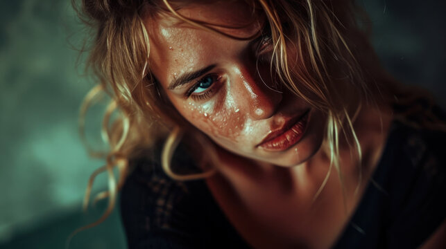 A blonde woman is sad, her face is covered with tears and makeup dirty