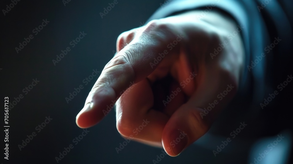 Poster A close-up shot of a person's hand pointing at something. This versatile image can be used to convey direction, instruction, guidance, or emphasis in various contexts