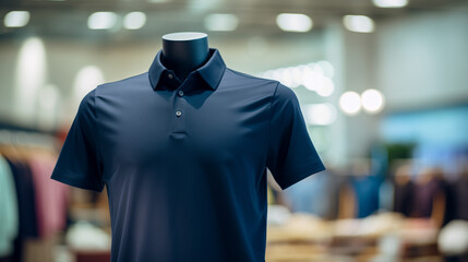 mannequin dressed in a shirt, Dark blue polo shirt worn on a mannequin in a minimalist style, with a clothing store background, Ai generated image