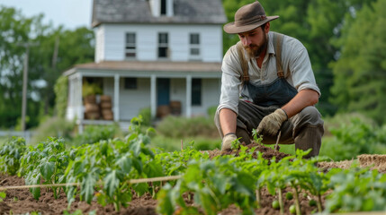 A young American farmer plants tomatoes with a house in the background