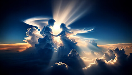 Silhouette de couple amoureux dans les nuages avec clair de lune ou rayon de soleil, idéal pour st Valentin, mariages, romantisme, amour