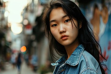 A woman with long black hair wearing a denim jacket. This image can be used to depict a stylish and fashionable woman