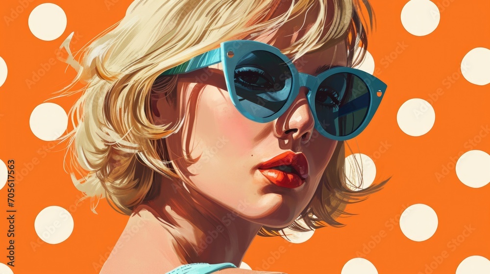 Poster a painting of a woman wearing sunglasses against a vibrant polka dot background. this image can be u