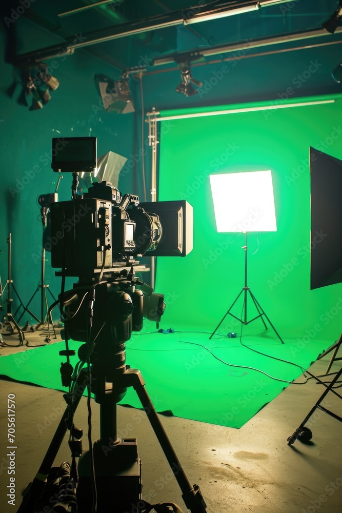 Poster A professional studio with a green screen setup. Ideal for chroma keying and adding custom backgrounds