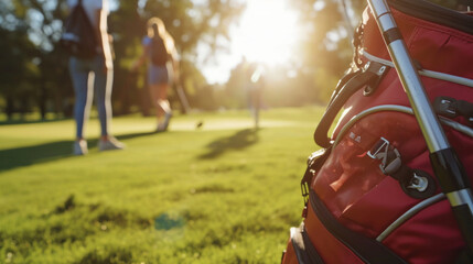 Close-up of golf bag with people in background - obrazy, fototapety, plakaty