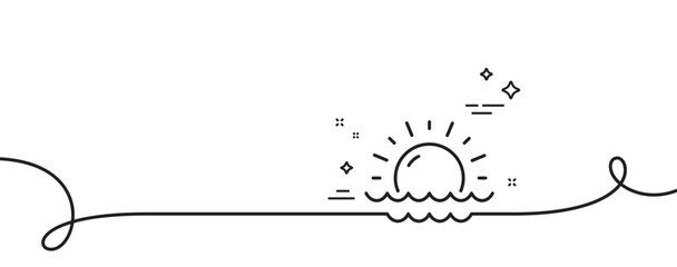 Sunny weather forecast line icon. Continuous one line with curl. Summer sun sign. Sunset with waves. Sunset single outline ribbon. Loop curve pattern. Vector