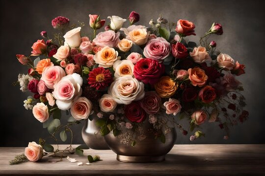 Design a visually stunning image of a vintage-inspired floral bouquet, featuring the grace of delicate roses and the wild beauty of assorted flowers.

