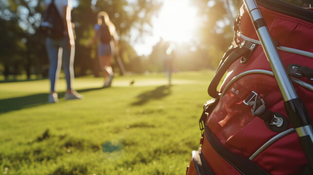 Close-up of golf bag with people in background