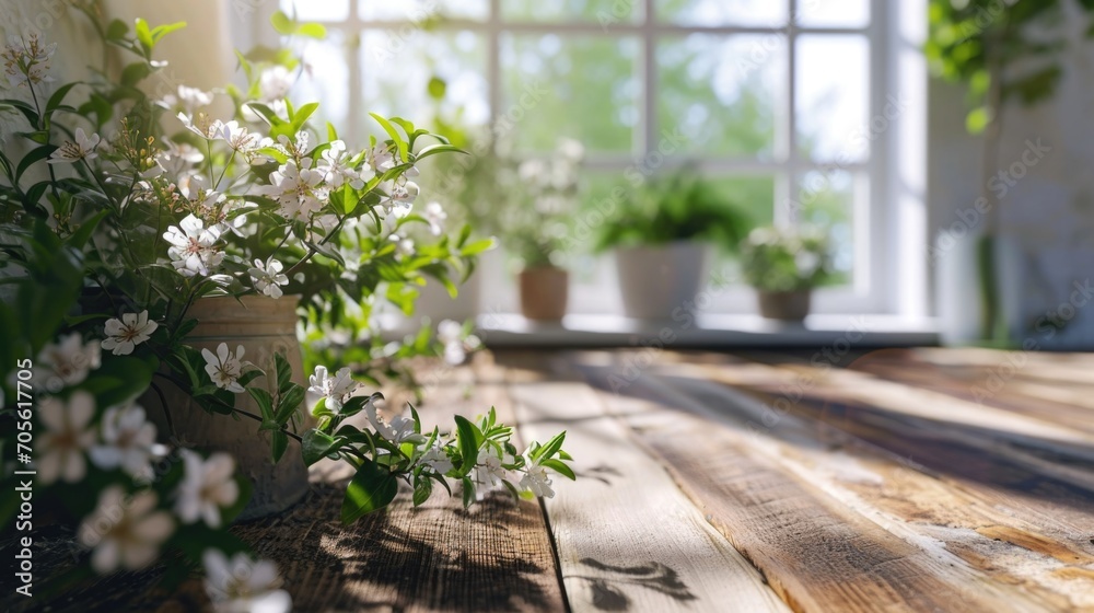 Poster a wooden table adorned with a variety of potted plants. perfect for adding a touch of nature to any 