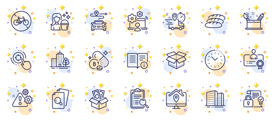 Fototapeta na wymiar Outline set of Search analysis, Journey and Seo target line icons for web app. Include Skyscraper buildings, Certificate, Time management pictogram icons. Warning, Security contract. Vector