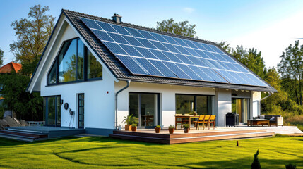 Obraz premium Energy-Efficient House With Solar Panels And Wall Battery For Energy Storage