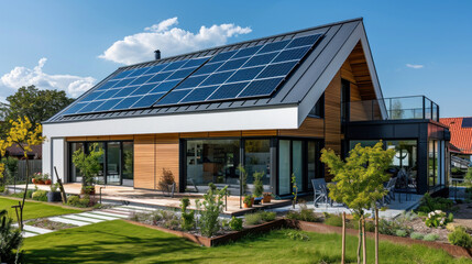 Energy-Efficient House With Solar Panels And Wall Battery For Energy Storage - obrazy, fototapety, plakaty
