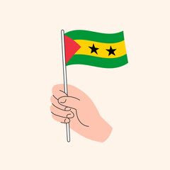 Flag of Sao Tome and Principe, Central Africa, Isolated Flat Illustration. Cartoon Hand Holding Sao Tomean Flag, Simple Vector Design. 
