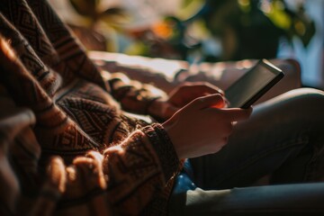 A person sitting on a couch, holding a cell phone. Suitable for technology, communication, and relaxation concepts