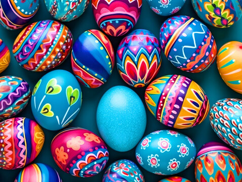 Colorful Easter eggs with patterns top view - ai generative