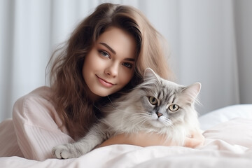 Beautiful young woman is holding a cat and smiling while lying on the bed at home. Generative AI.