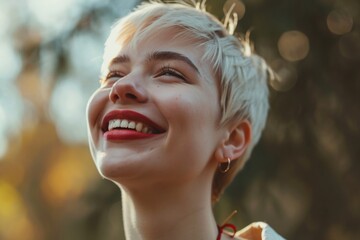 Fototapeta premium A woman with short blonde hair smiling and looking up. Perfect for lifestyle blogs and websites