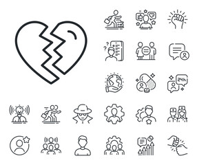 Divorce sign. Specialist, doctor and job competition outline icons. Break up Love line icon. Valentines day symbol. Break up line sign. Avatar placeholder, spy headshot icon. Strike leader. Vector