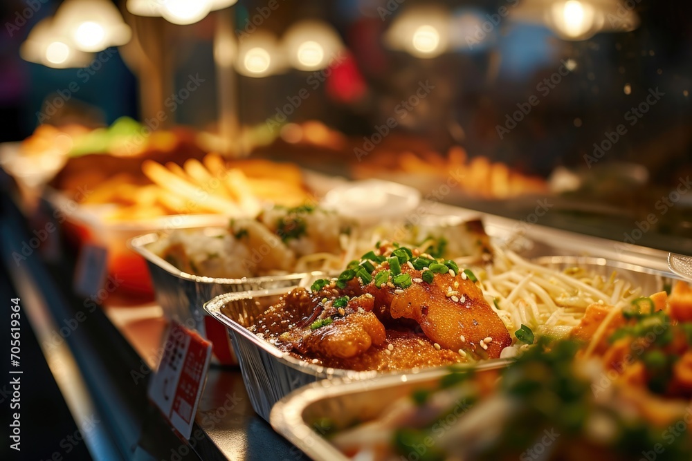 Poster trays of food sitting on top of a counter. suitable for various food-related themes and concepts