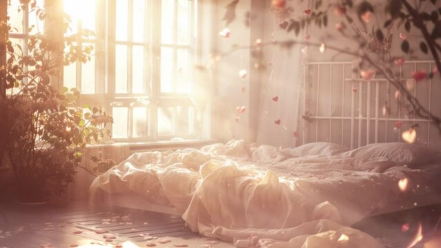 beautiful dreamy cozy valentine's day bedroom interior with morning lights, hangig hearts, 4k loop