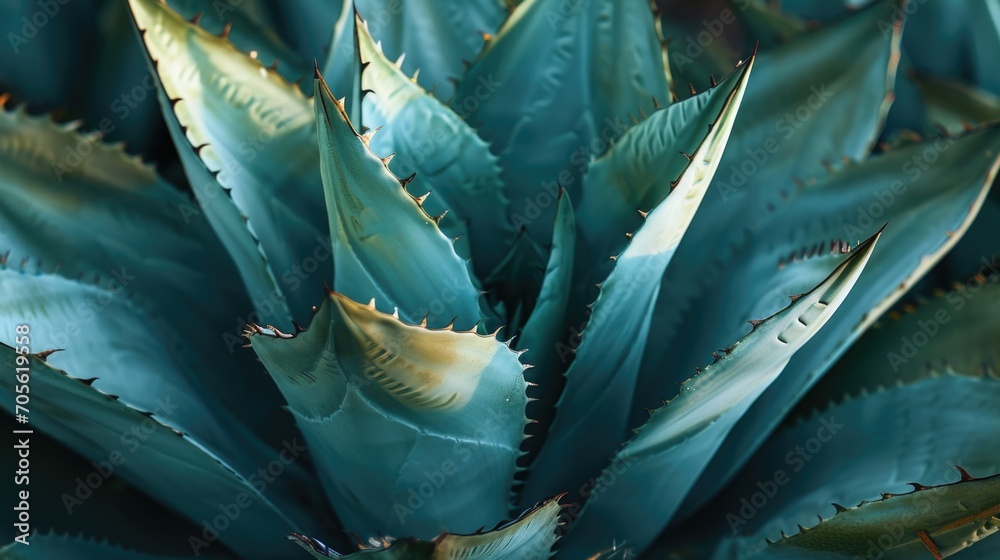 Poster a detailed view of a blue agave plant. this image can be used to showcase the unique texture and col
