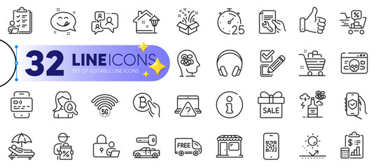 Outline set of Sunbed, Headphones and Repair document line icons for web with Alcohol addiction, Bitcoin pay, Street light thin icon. Market, Car key, Checkbox pictogram icon. Vector