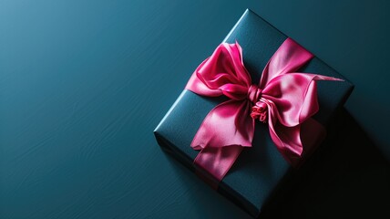 A dark blue gift box with a pink satin ribbon