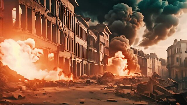 City street on fire destroy by war and bombs. Seamless loop. AI generated