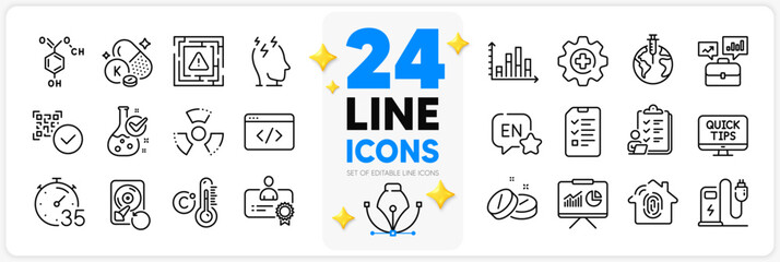 Icons set of Seo script, Chemistry lab and Qr code line icons pack for app with Presentation, Celsius thermometer, Chemical hazard thin outline icon. Diagram graph, Medicine, English pictogram. Vector