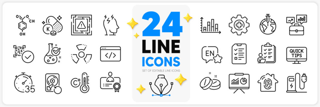 Icons set of Seo script, Chemistry lab and Qr code line icons pack for app with Presentation, Celsius thermometer, Chemical hazard thin outline icon. Diagram graph, Medicine, English pictogram. Vector