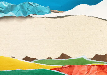 Abstract artistic collage with torn deckled paper edges in natural earth colors. Colorful fields and meadows with textured copyspace. Analog aesthetic art technique