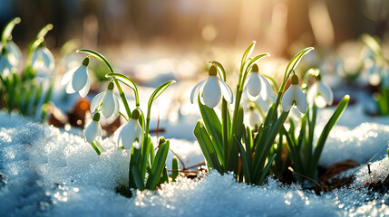 Snowdrops Bloom Thawing Snow Golden Sunrise Backlight