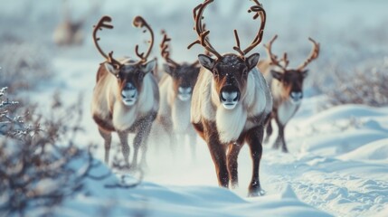 A herd of reindeer walking across a snow-covered field. Ideal for winter-themed projects or nature illustrations