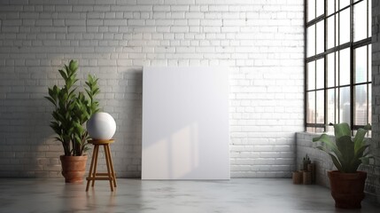 White canvas for mockup with blurred brick wall room interior Created with generative Ai - obrazy, fototapety, plakaty